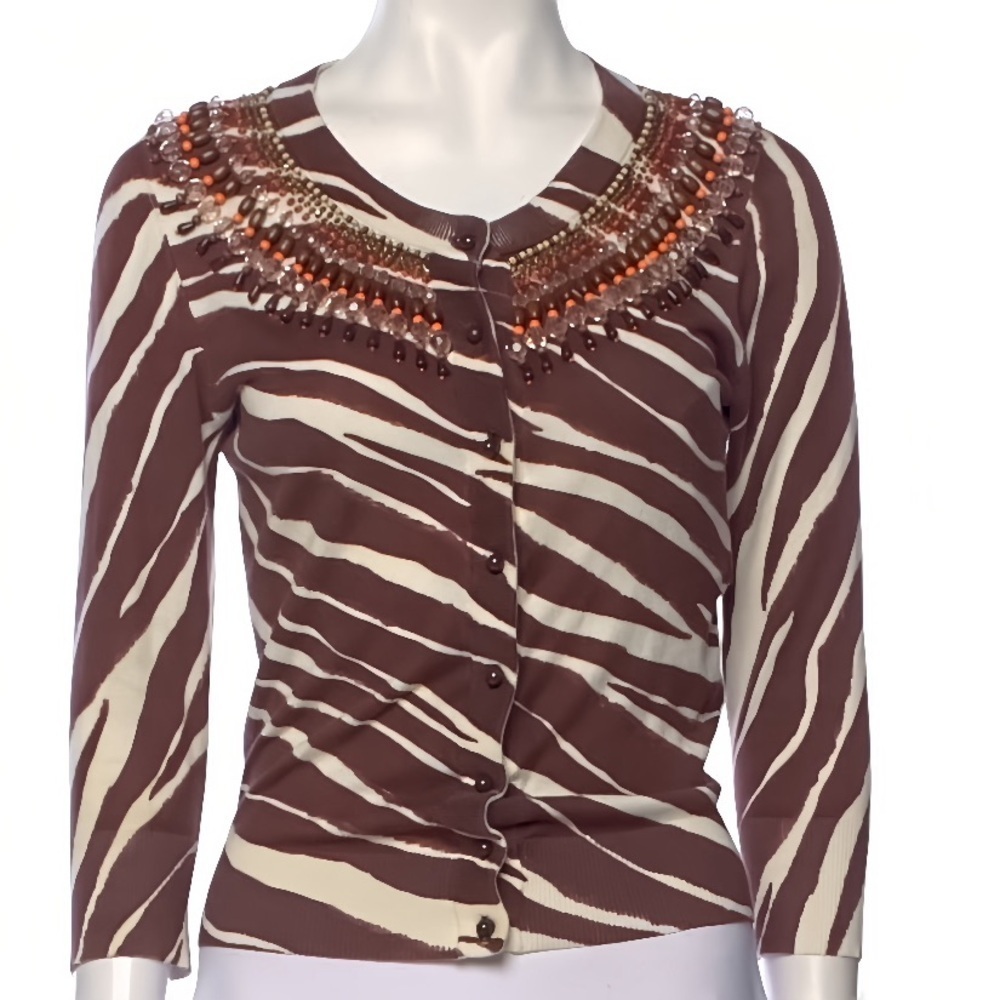 Kate Spade New York W’s Brown Zebra Print Cardigan Sweater S Beaded Embellished